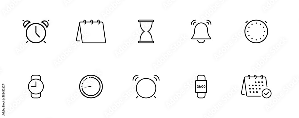 Poster timers line icons set. vector linear icon set. time and clock symbols. vector illustration.