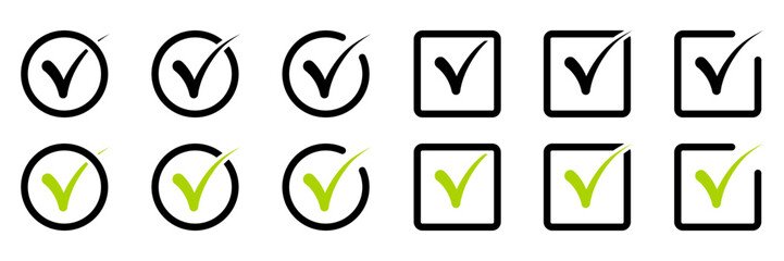 Check mark icon set on white background. Tick black symbol. Vector illustration.