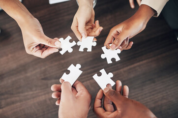 Business people, hands or puzzle for teamwork, solution problem solving with planning, synergy or...