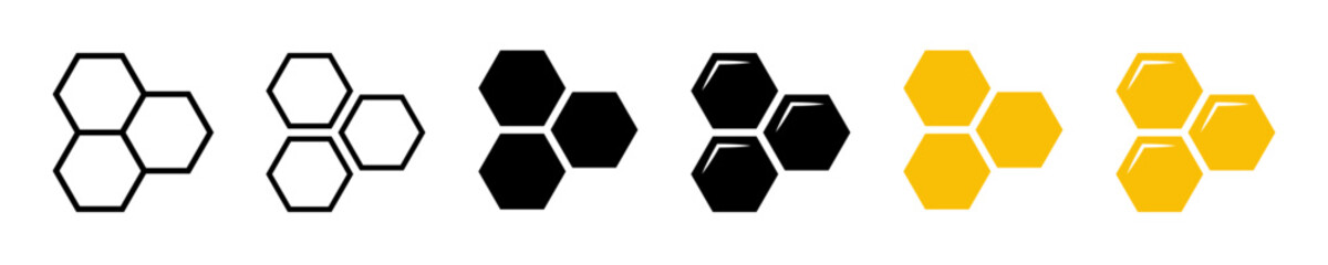 Honeycombs icons vector set. Black and orange honeycombs symbols. Sweet honey. Vector illustration.