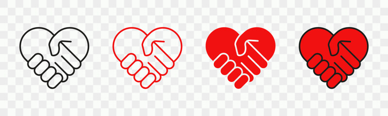 Handshakes heart vector icons set. Red and black handshakes sign. Communication, partnership, friendship symbols. Vector illustration.