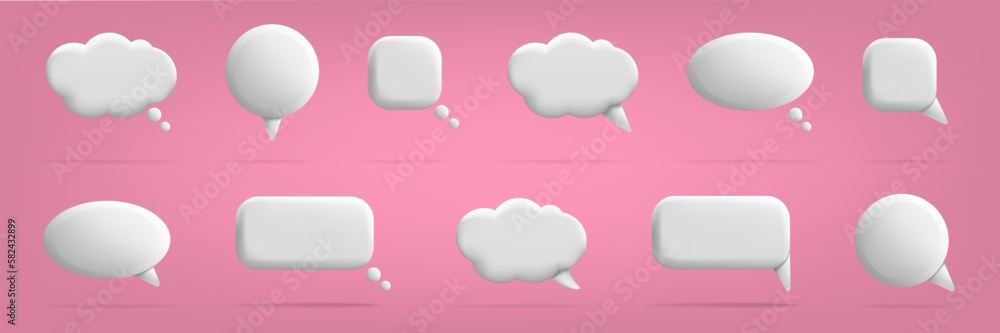 Leinwandbilder 3d speech bubbles for chat messages with copy space. Conversation talk elements, white comments, dialog objects, communication round and square balloon. Vector banner isolated icons set