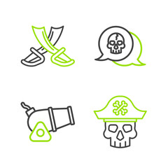 Set line Pirate captain, Cannon, Skull and Crossed pirate swords icon. Vector