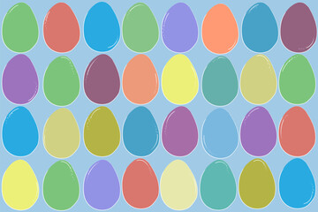 Hellblauer Hintergrund mit Ostereiern in Pastellfarben.
