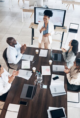 Work presentation, woman presenter and applause from business people in a conference room meeting....
