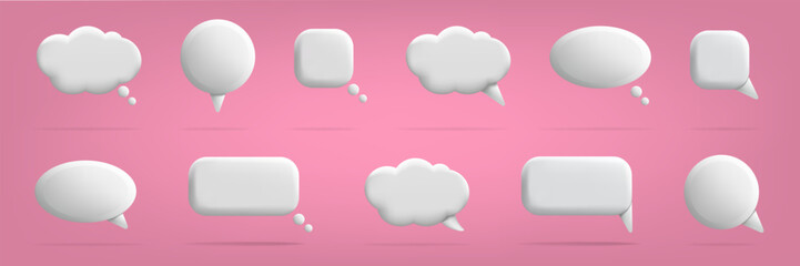 3d speech bubbles for chat messages with copy space. Conversation talk elements, white comments, dialog objects, communication round and square balloon. Vector banner isolated icons set