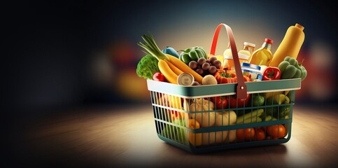 Shopping basket with fresh food on blur background grocery supermarket for design banner, ads, covers, and invitation. Copy space. Generative AI
