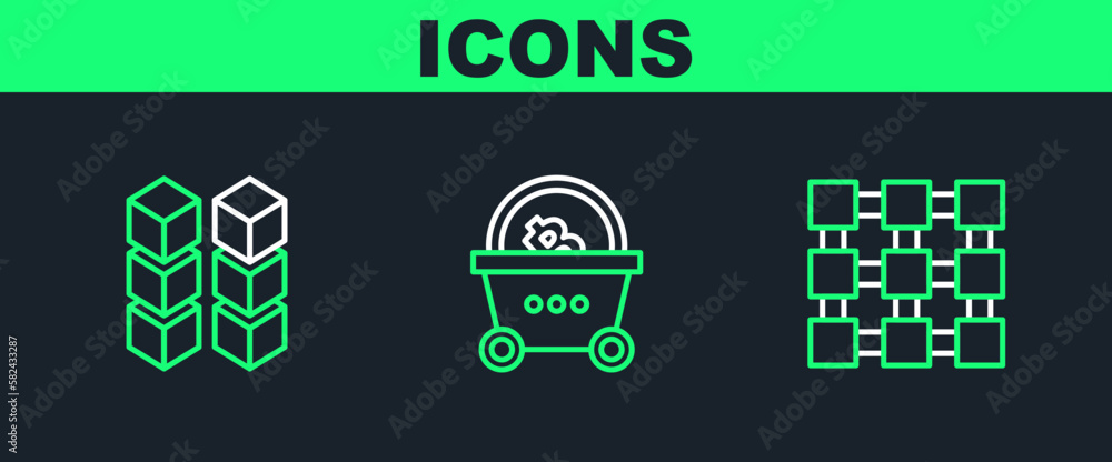 Aufkleber set line blockchain technology, and shopping basket with bitcoin icon. vector