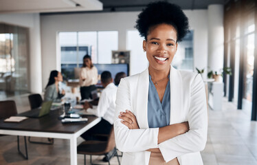 Meeting, black woman portrait and business manager in a conference room with collaboration....