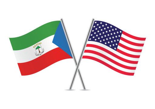 Equatorial Guinea and America crossed flags. Equatorial Guinean and American flags on white background. Vector icon set. Vector illustration.