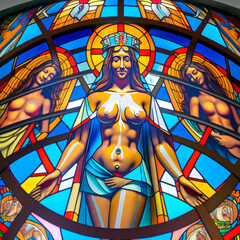 Fototapeta na wymiar Generative AI: Illustration of a stained glass window with angelic women.