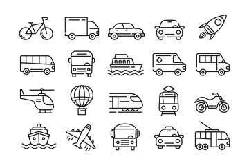 Transport icons. Car outline symbols. Bus and truck. Taxi automobile. Bicycle and motor bike. Vehicle trail. Sea boat. Helicopter and motorcycle traffic. Vector line pictograms set