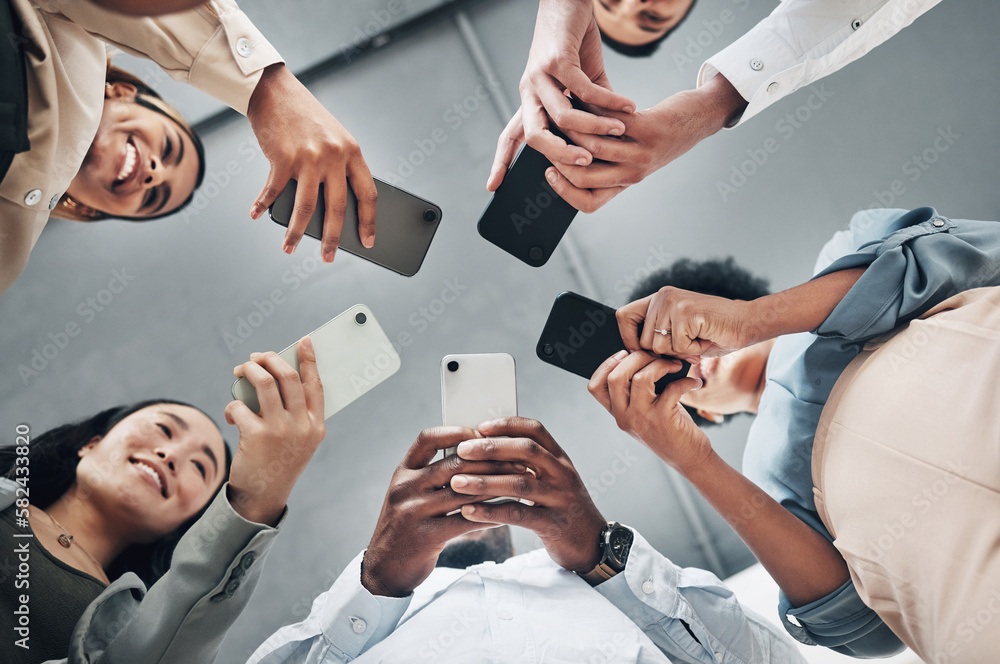 Poster phone, circle or happy business people networking on social media searching online news together in 