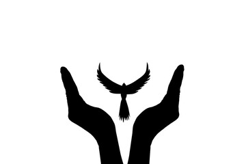 Human hand silhouette set the bird free. Get free