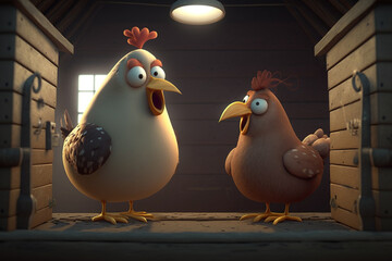 Amusing conversation between two silly-looking chickens in a coop