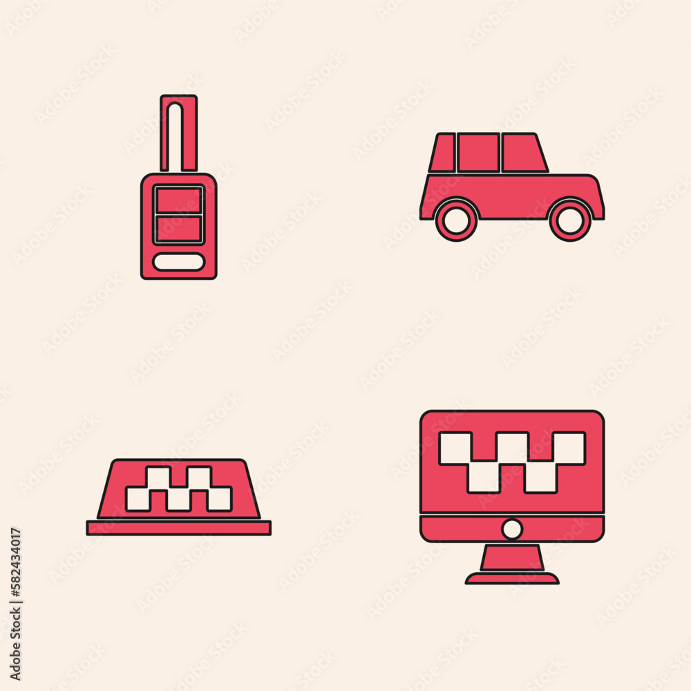 Sticker Set Computer call taxi service, Car key with remote, and Taxi car roof icon. Vector