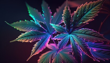 Cannabis leaves on black background with flare. Aesthetic vibrant abstract background with hemp foliage in neon light, AI generative