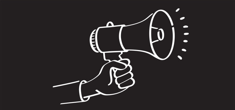 Cartoon megaphone, microphone to speak message. loudspeaker, microfoon pictogram. Horn, announcing for atention talk. Megaphone amplifier. Drawing talking news or for protest. Bullhorn icon.