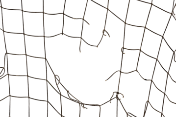 Football or tennis net. Torn rope mesh with holes on a white background close-up.
