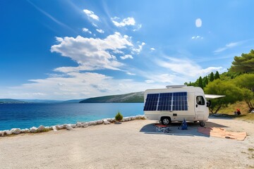 Portable Solar Panel and Battery Powered Camper Van on a seashore, AI Generative - obrazy, fototapety, plakaty