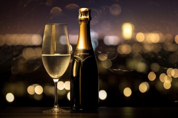 Sparkling champagne glasses and bottle on balcony with spectacular view over city skyline. Silvester celebration, New Year's Eve, Happy New Year, AI generative