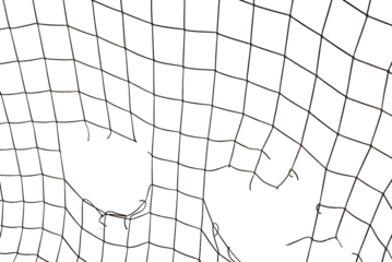 Football or tennis net. Torn rope mesh with holes on a white background close-up.