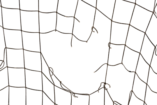 Football or tennis net. Torn rope mesh with holes on a white background close-up.