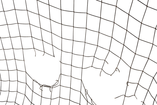 Football or tennis net. Torn rope mesh with holes on a white background close-up.