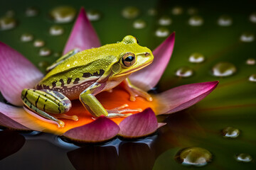 Colorful frog on top of a water lily
