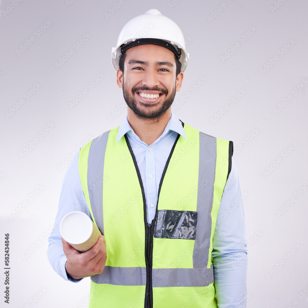 Poster Construction worker man in portrait isolated on a white background engineering, architecture and design career. Happy face of asian builder, contractor or industrial person with safety gear in studio