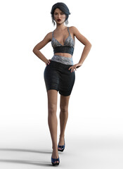 attractive woman in black dress, 3d rendering