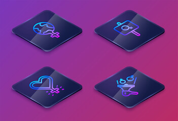 Set Isometric line Feminism in the world, Feminist activist and . Blue square button. Vector