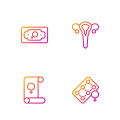 Set line Packaging of birth control pills, Feminism, Money growth woman and Female reproductive system. Gradient color icons. Vector