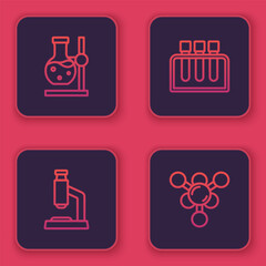 Set line Test tube flask on stand, Microscope, and Molecule. Blue square button. Vector