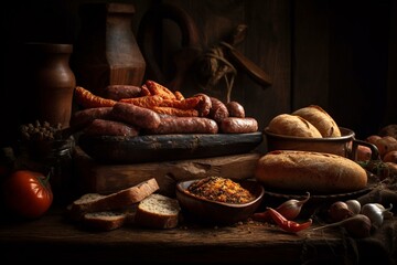 Ukrainian traditional dishes, Still life, kovbasa po-ukrainsky - Ukrainian-style sausage made with pork, garlic, and various spices, often served with mustard and rye bread. Generative AI