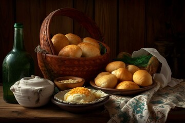 Obraz na płótnie Canvas Ukrainian traditional dishes, Still life, pyrohy - a type of Ukrainian dumpling filled with potatoes, cheese, or meat, often served with fried onions and sour cream. Generative AI