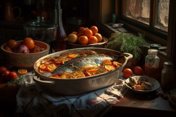 Ukrainian traditional dishes, Still life, ryba po-kyyivsky - fish baked with onions, carrots, and tomatoes. Generative AI