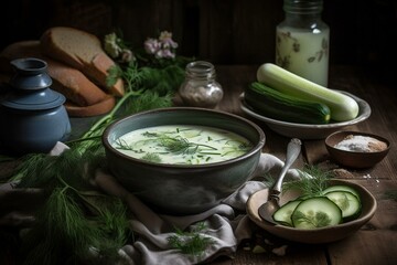 Ukrainian traditional dishes, Still life, studen - a cold soup made with kefir, cucumbers, and dill. Generative AI
