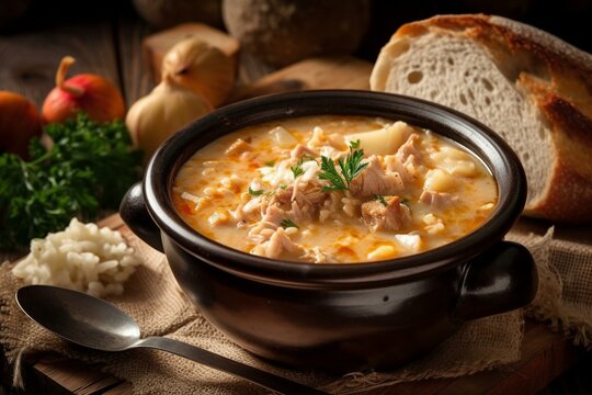 Ukrainian traditional dishes, Still life, kapusniak - a soup made with sauerkraut, potatoes, and meat, often served with sour cream. Generative AI