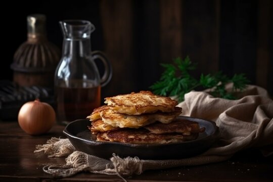 Ukrainian traditional dishes, Still life, deruny - potato pancakes served with sour cream or apple sauce. Generative AI