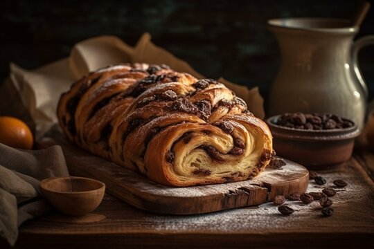 Ukrainian traditional dishes, Still life, babka - a sweet bread made with raisins and flavored with vanilla or lemon. Generative AI