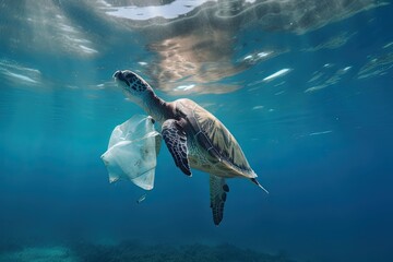 Sea turtle surrounded by a plastic bag under the sea. Sea turtle may try to eat it. Plastic pollution. Generative AI