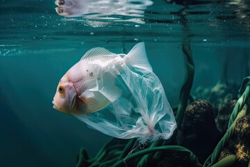 Fish trapped in plastic trash. Plastic pollution in ocean environmental problem. Generative AI