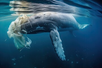 Whale trapped in plastic trash. Plastic pollution in ocean environmental problem. Generative AI - obrazy, fototapety, plakaty