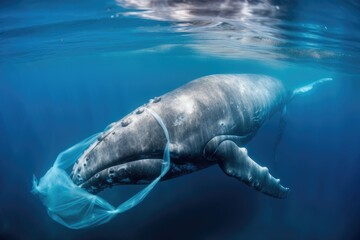 Whale trapped in plastic trash. Plastic pollution in ocean environmental problem. Generative AI