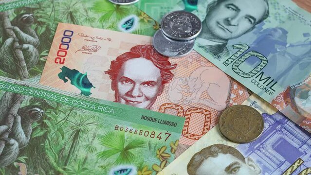 Costa Rican Currency, Small Coins Throwing on Banknotes, Money Costa Rican Colones, Financial Concept