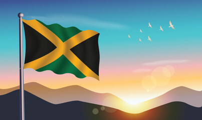 Jamaica flag with mountains and morning sun in background