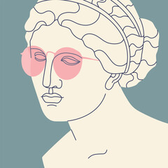 Fragment of an ancient Greek statue of a woman in pink sunglasses. Antique sculpture with modern elements. Vector trendy illustration.
