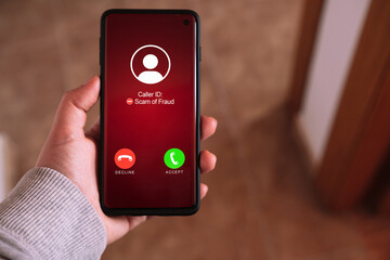 Smartphone incoming unwanted call. Spam, scam, phishing and fraud concept. Security technology. - obrazy, fototapety, plakaty