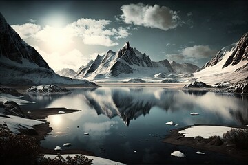 Lake and mountains in the morning landscape